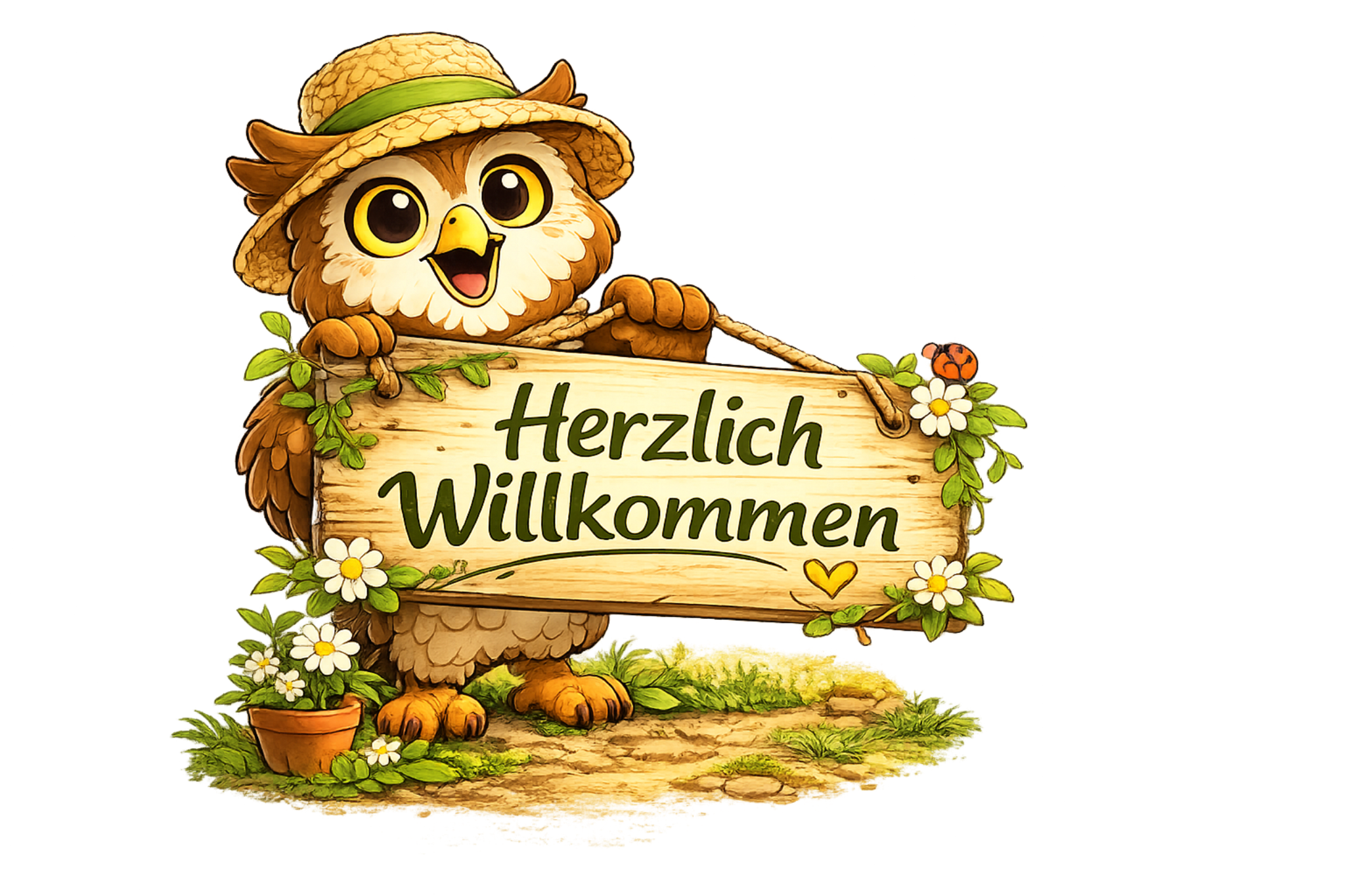 Willkommensschild mit Eulen-Maskottchen
